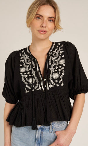 Myles Puff Sleeve Peplum Top with Embroidery Detail