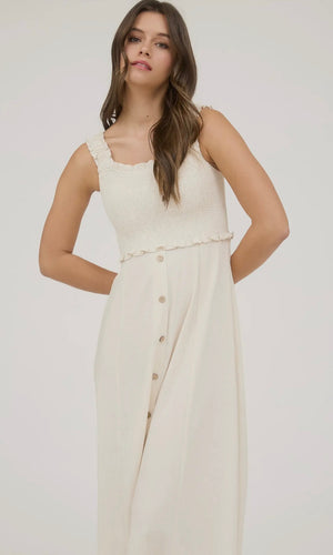 Lidia Natural Smocked Sleeveless Button Down Midi Dress