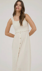 Lidia Natural Smocked Sleeveless Button Down Midi Dress