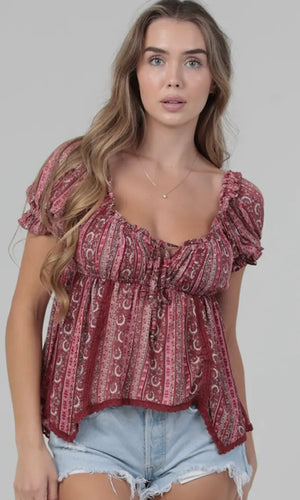 Rhea Lace Trim Hanky Hem Short Sleeve Top