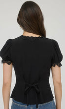 Lara Black Lace Trim Button Down Puff Sleeve Blouse