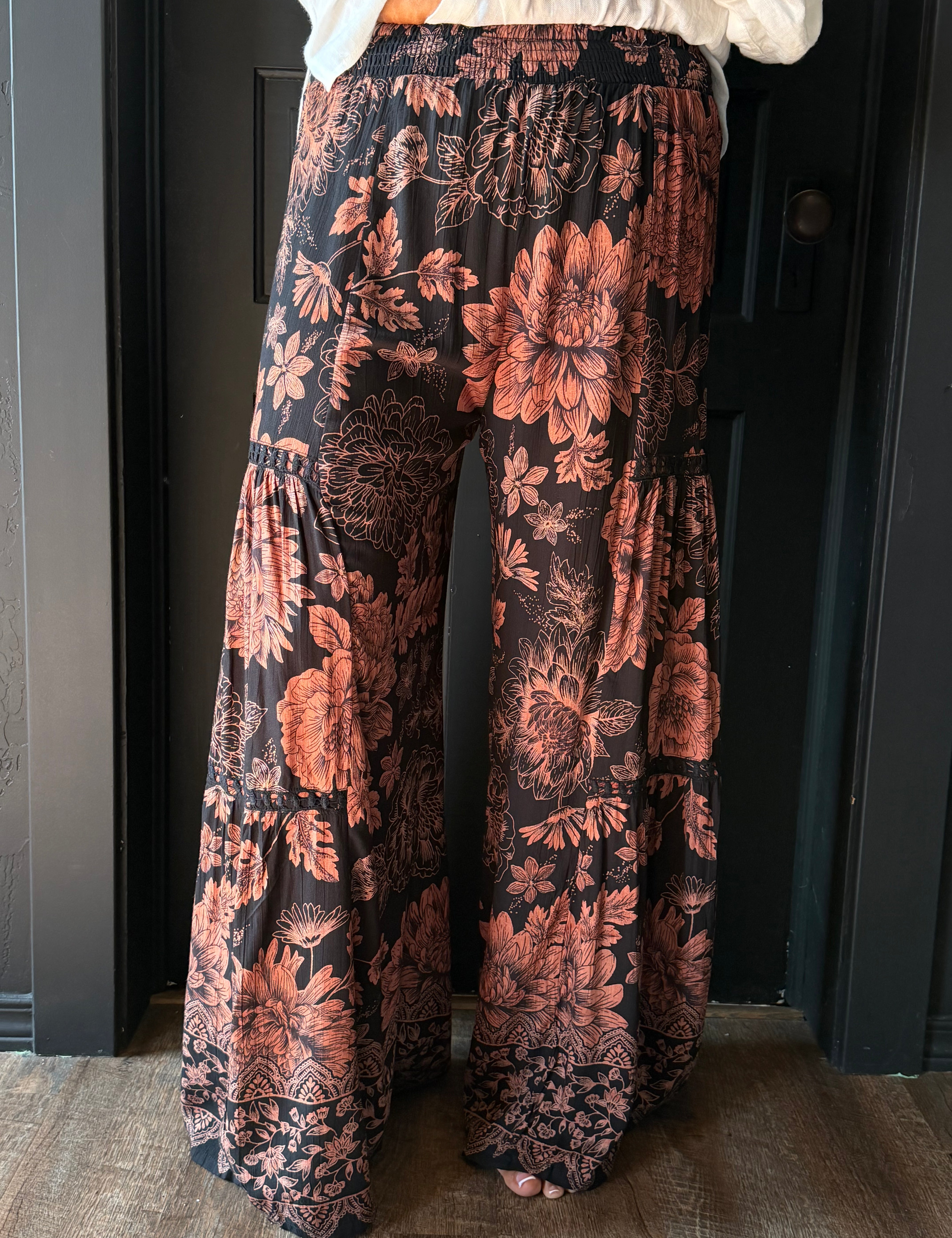 Noa Black Wide Leg Pants with Lace Inserts