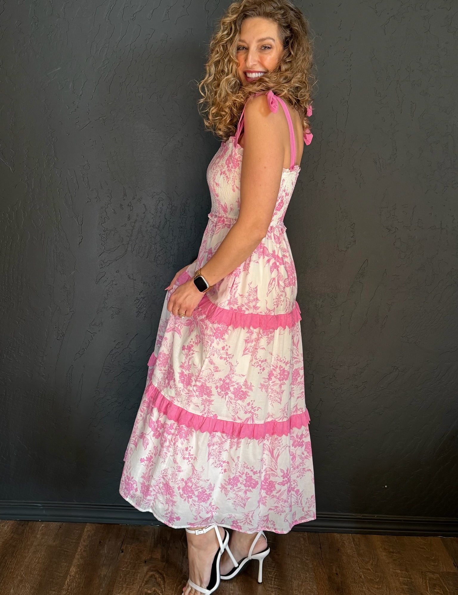 Dahlia Exclusive Floral Print Tiered Scallop Trim Midi