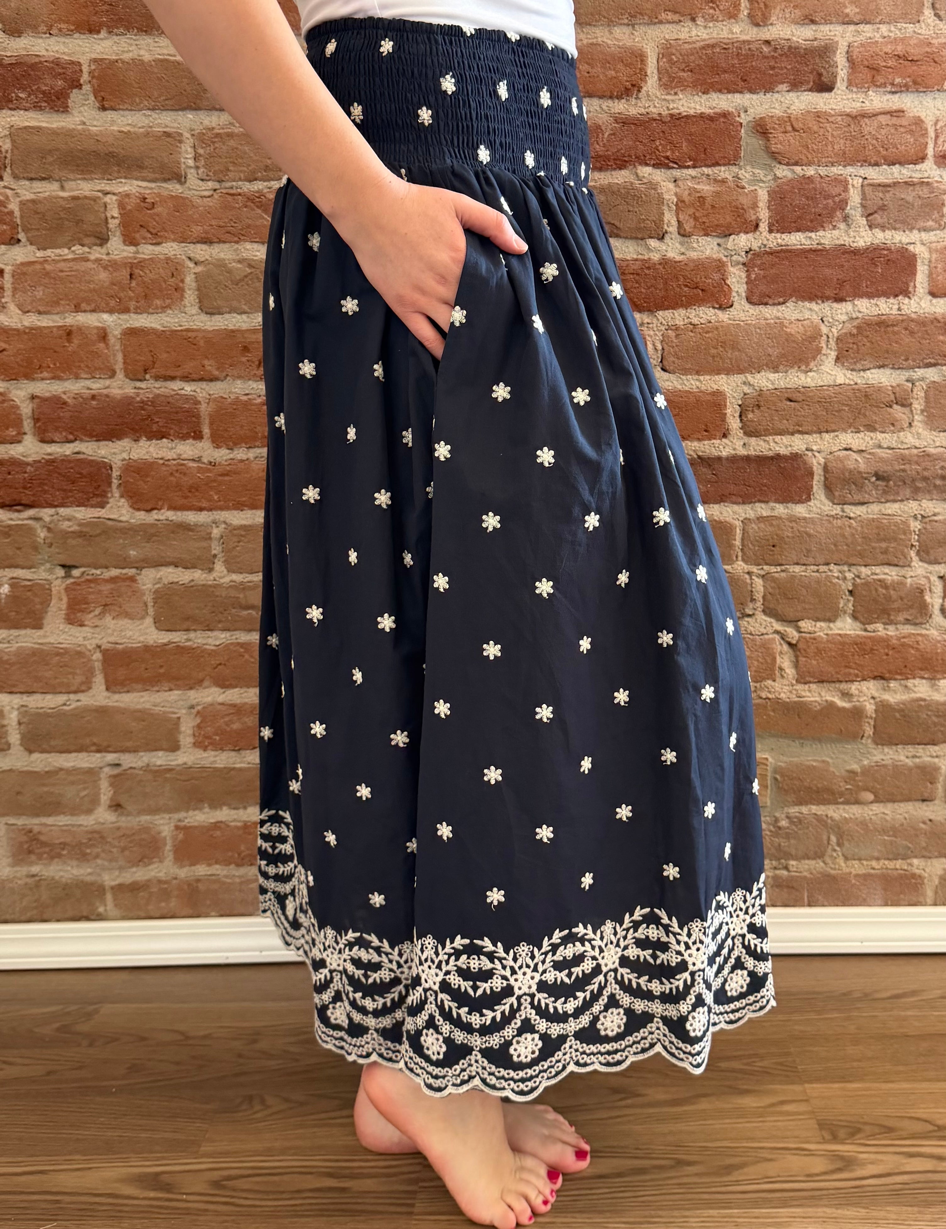 Deacon Embroidered Scallop Edge Midi Skirt