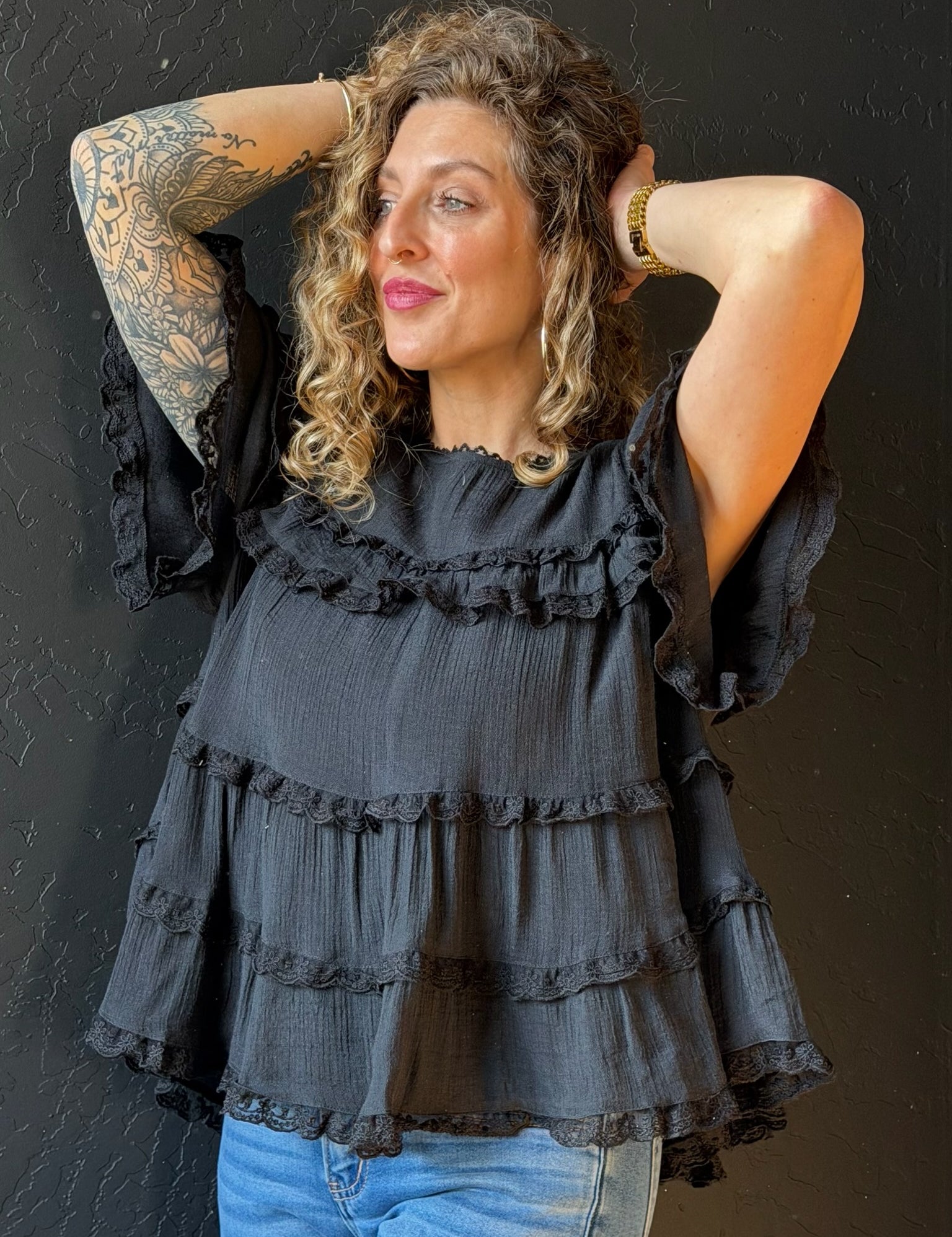 Delaney Tiered Ruffle Lace Trim Swing Top