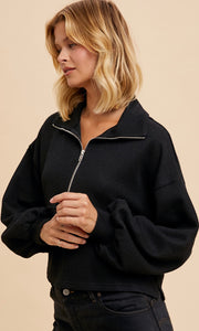 Asher Black Cotton Thermal Cropped Half Zip Pullover