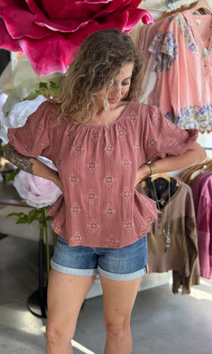 Nora Desert Rose Tie Back Embroidered Bubble Sleeve Peplum Top