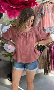 Nora Desert Rose Tie Back Embroidered Bubble Sleeve Peplum Top