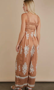 Madeline Taupe Boho Printed Smocking Detail Jumpsuit
