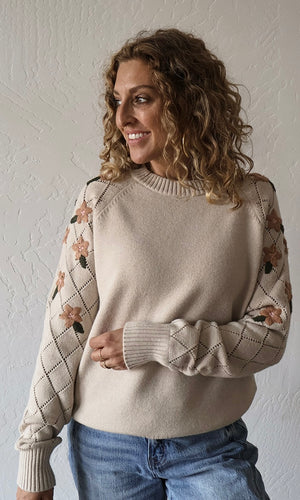 McKenzie Taupe Floral Embroidered Crew Neck Sweater