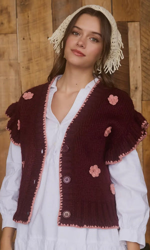 Leana Burgundy Floral Detail Knit Vest
