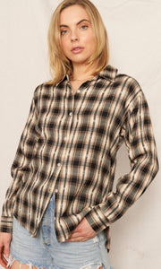 Brianna Black and Beige Plaid Long Sleeve Button Front Shirt