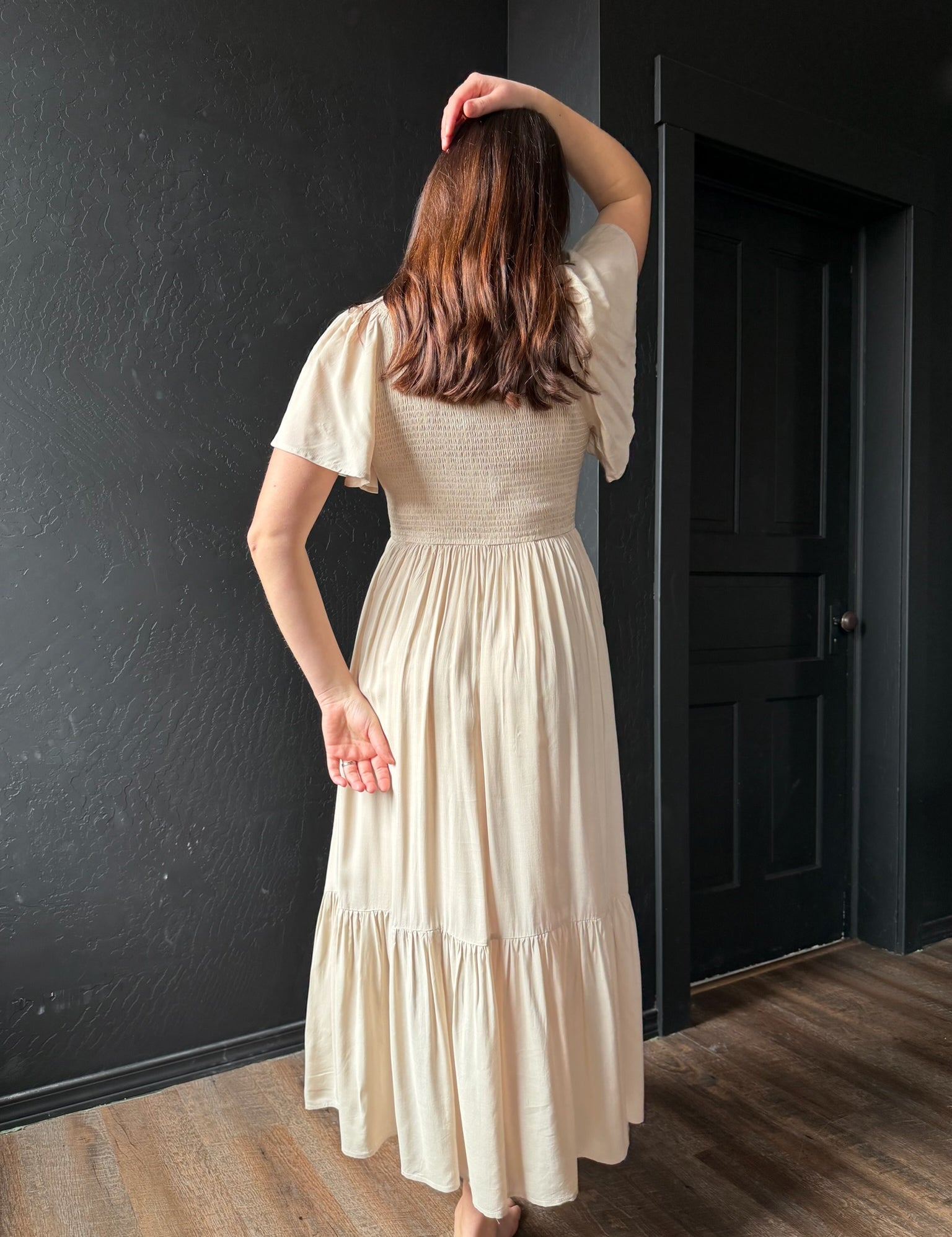 Artiste Cashew Milk Satin Empire Smocked Midi Dress