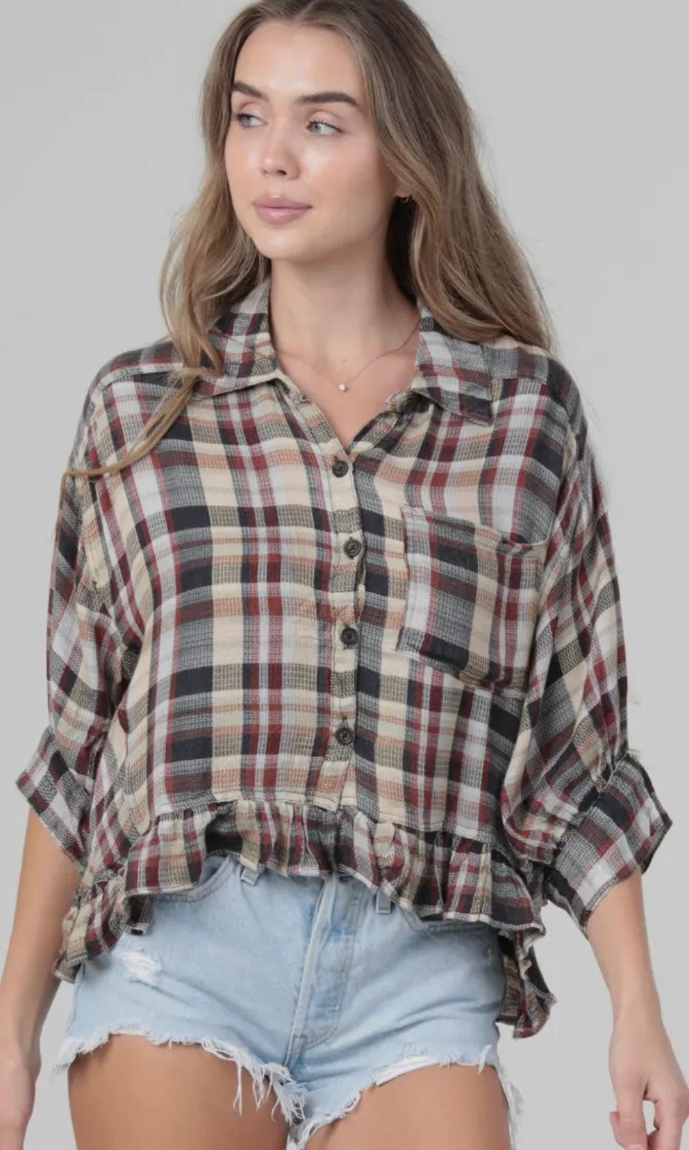 Royce Plaid Shirt with Ruffle Hem