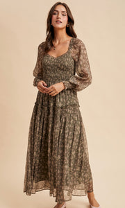 Leki Dusted Eucalyptus Smocked Floral Maxi Dress