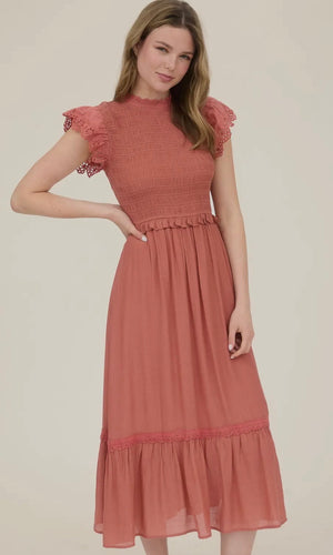 Louise Terracotta Smocked Eyelet Trim Ruffle Detail Midi Dress