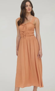 Lyra Pumpkin Shirred Front Tie Detail Sleeveless Midi Dress