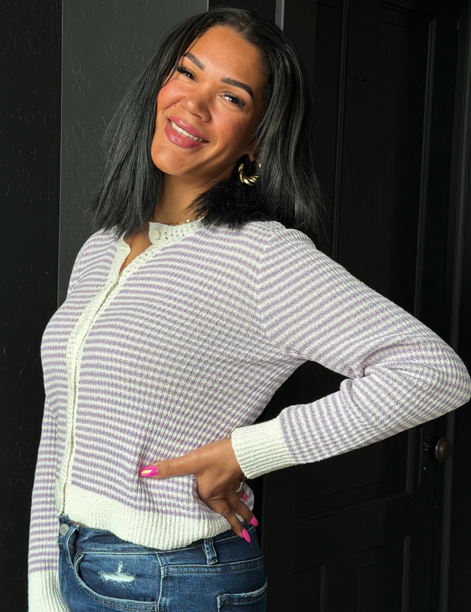 Unoe Lilac Mini Stripe Round Neck Cardigan