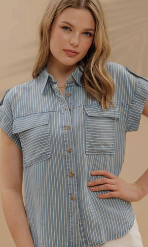 Gia Stripe Button Down Tab Sleeve Chambray Shirt