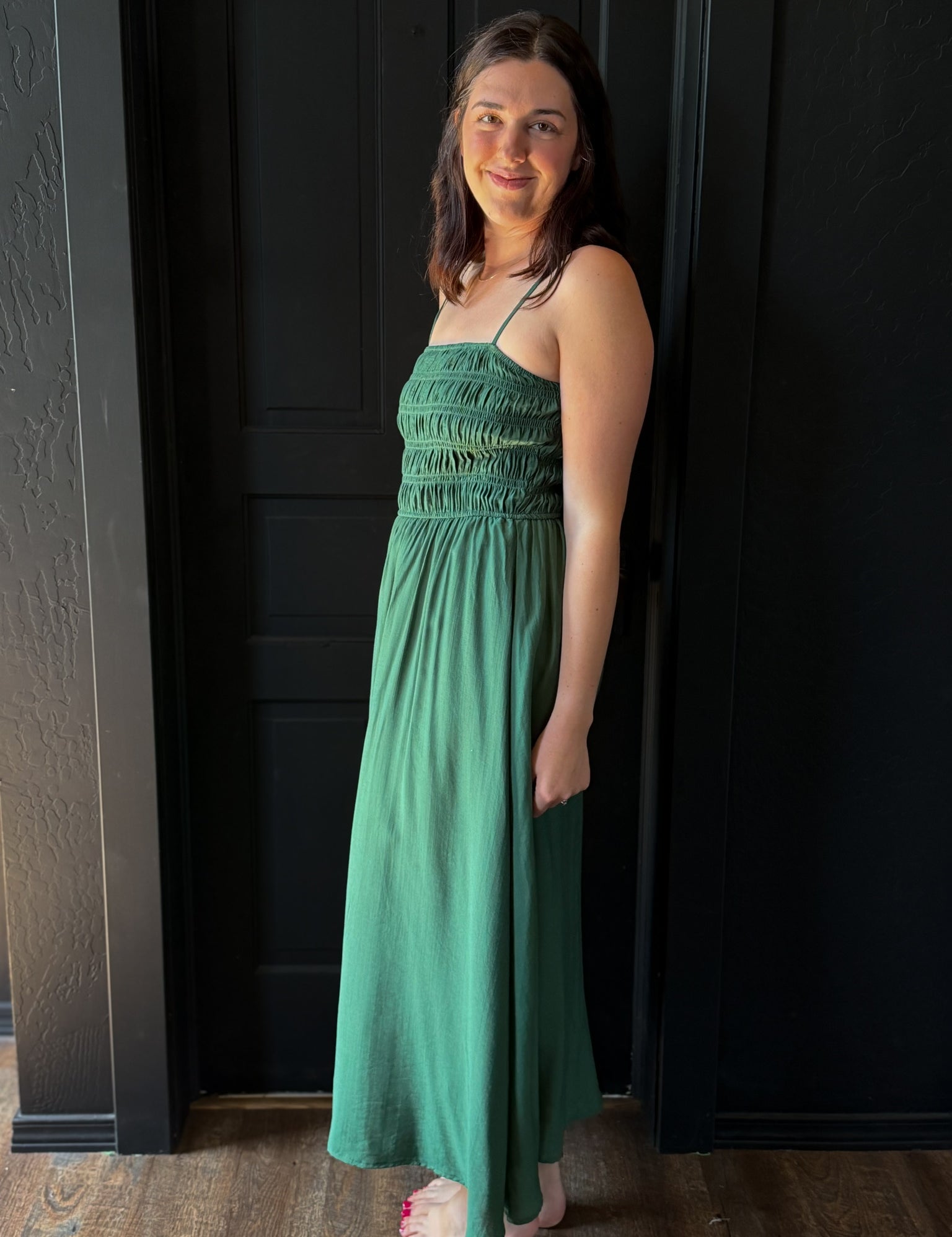 Ivanna Shirred Bodice Spaghetti Strap Midi Dress