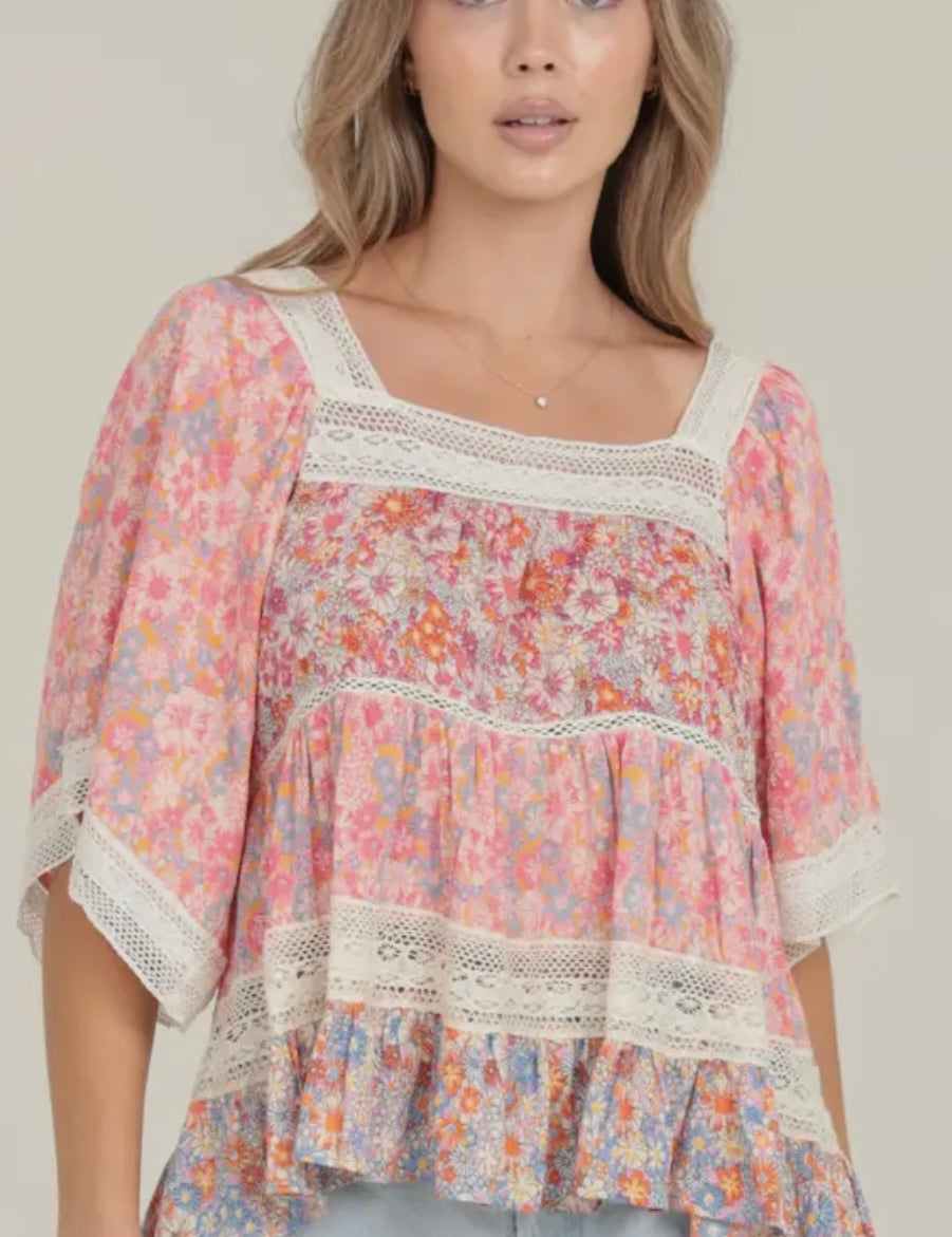 Arella Pink Floral Lace Trim Twin Print Short Sleeve Blouse
