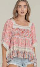 Arella Pink Floral Lace Trim Twin Print Short Sleeve Blouse