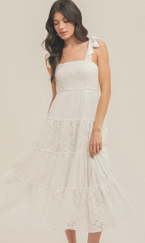 Ava White Smocked Bodice Tied Lace Shoulder Maxi Dress