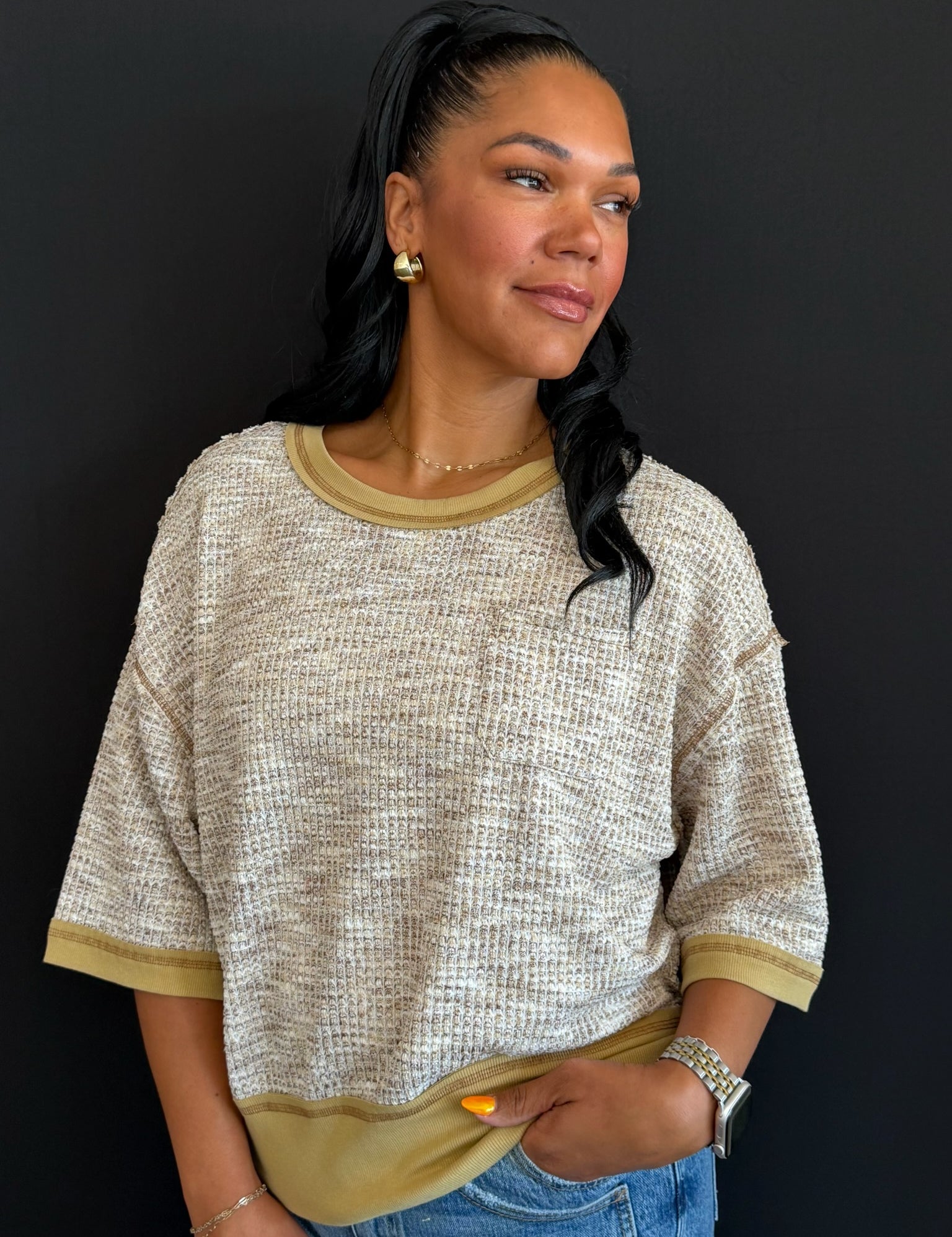 Yara Mocha Multi Melange Waffle Fabric Top