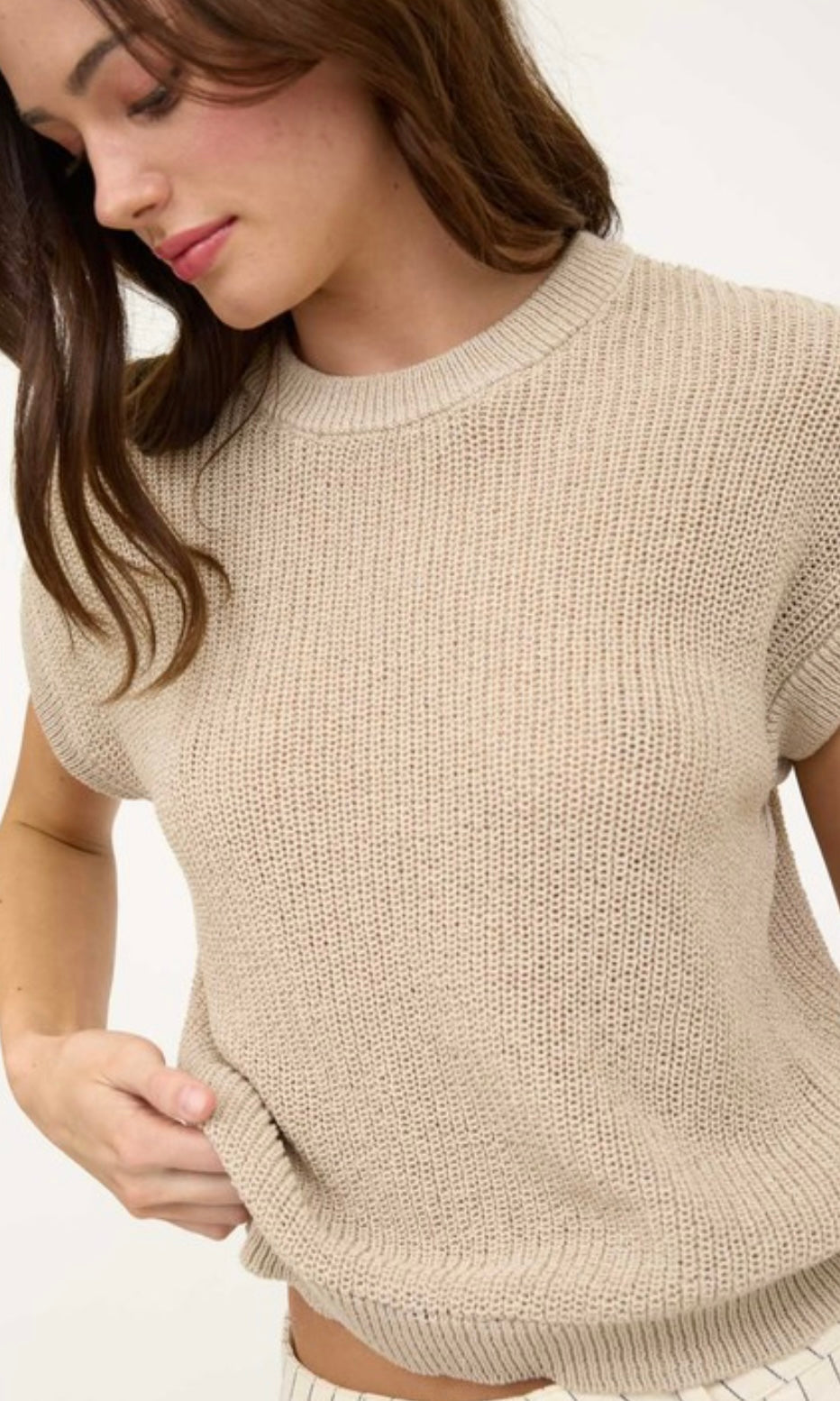 Era LT. Taupe Sheer Knit Crewneck Batwing Sweater Top