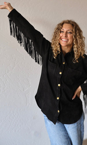 Moon Black Fringe Detailed Suede Shirt