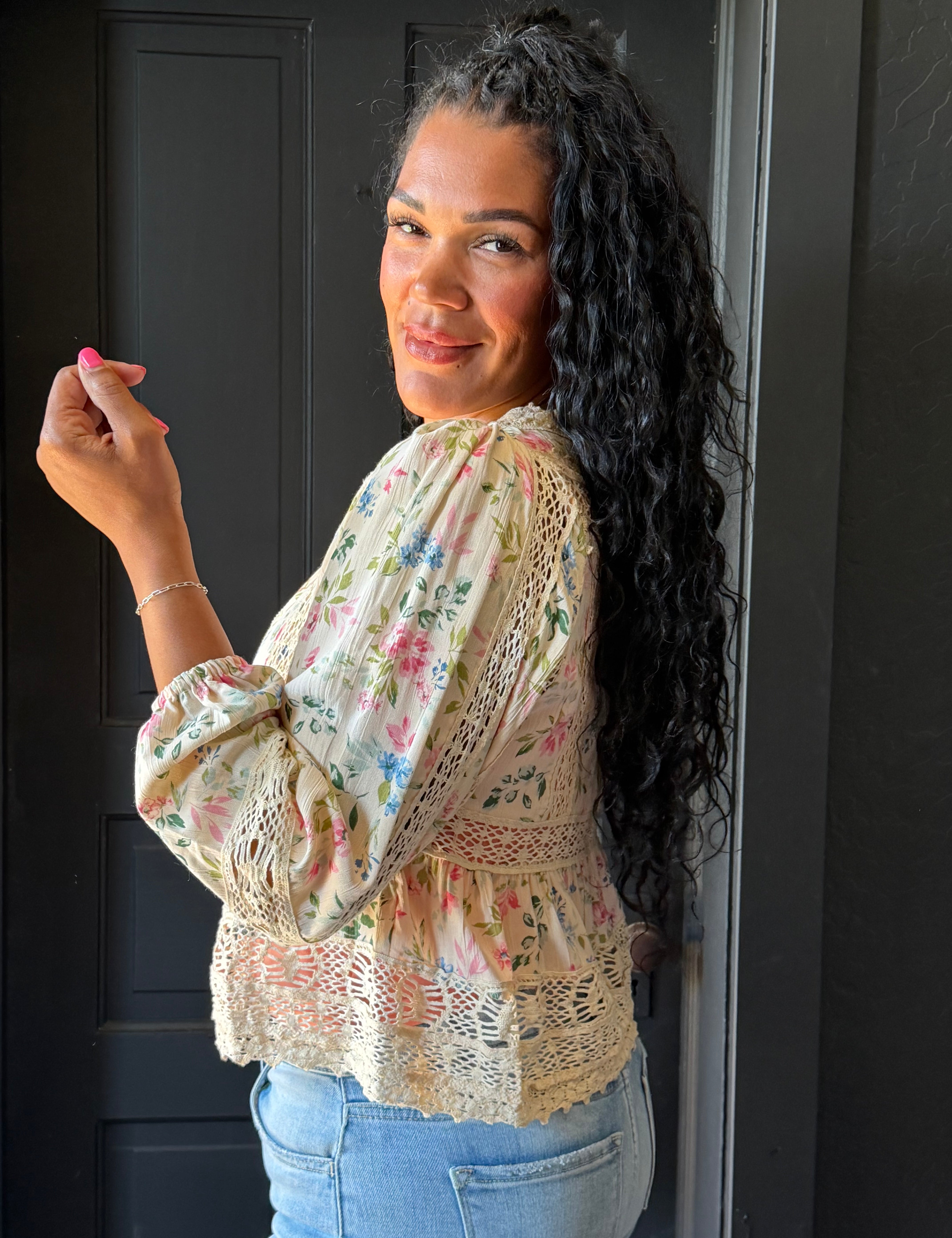 Madison Floral Print Lace Trim Tie Front Top