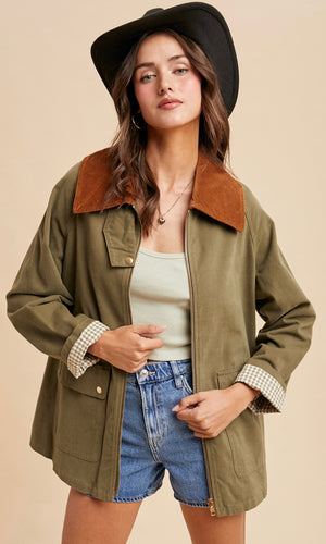 Lewis Light Olive Corduroy Collared Cotton Chore Jacket