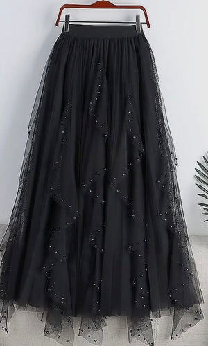 McKenna Black Beaded Mesh Pleated Skirt