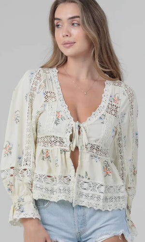 Rome Lace Trim Tie Front Blouse