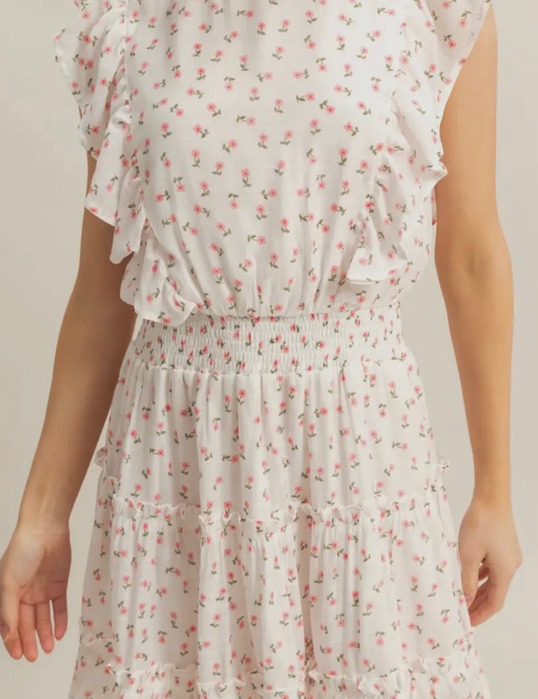 Kayla White Ditsy Floral High Neck Mini Dress