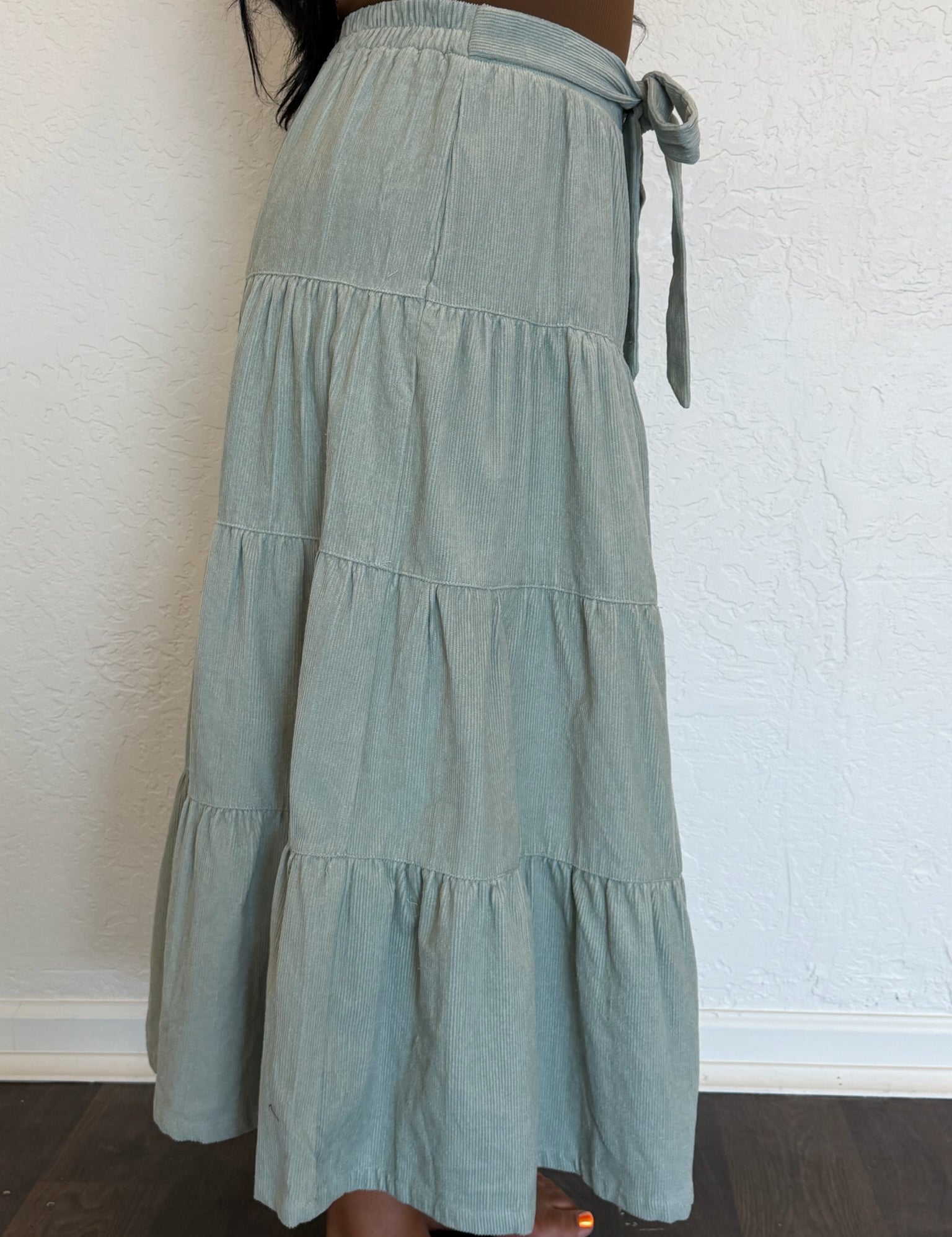 Brynn Front Placket Waist Ribbon Tiered Corduroy Maxi Skirt