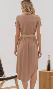 Leon Tan Button Down Belted Midi Dress