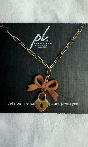 Brooke Heart Key and Lock Brown Bow Charm Necklace