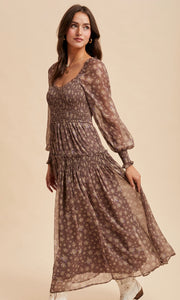 Leki Mocha Mousse Smocked Floral Maxi Dress