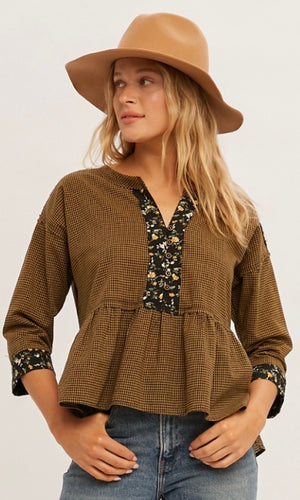 Galia Disty Print Contrast Babydoll Checkered Top