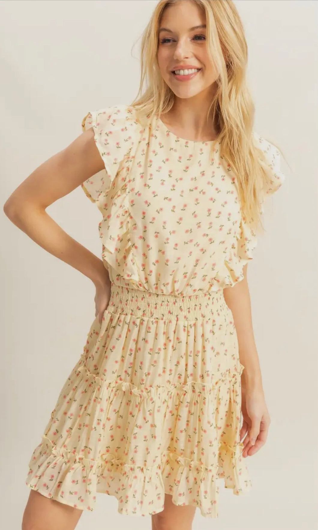Kayla Butter Disty Floral High Neck Mini Dress