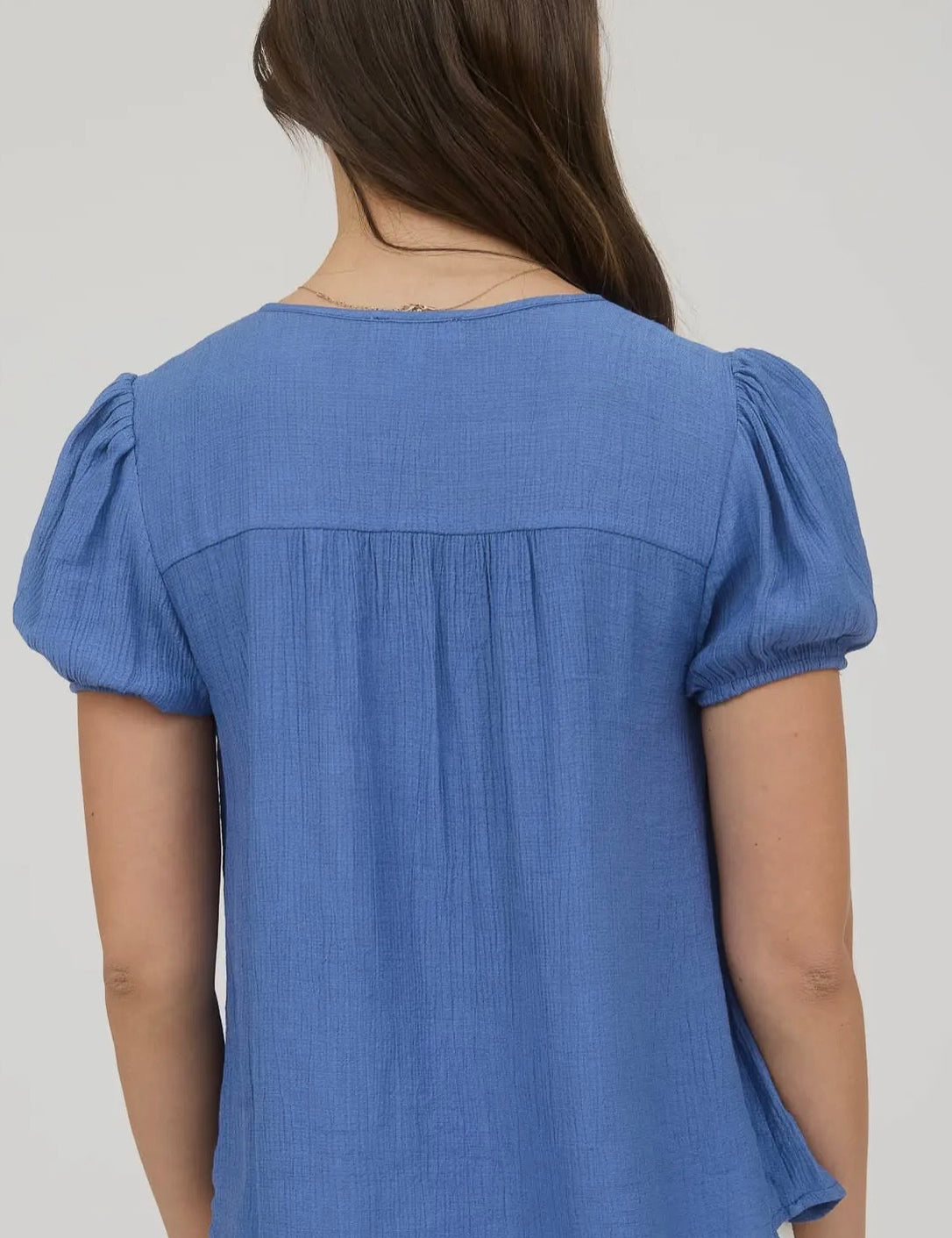 Heini Blue Eyelet Lace Trim Double Front Tie Puff Sleeve Top