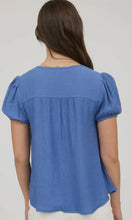 Heini Blue Eyelet Lace Trim Double Front Tie Puff Sleeve Top