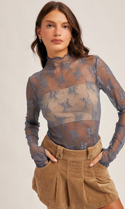 Megan Blue Mock Neck Lace Long Sleeve