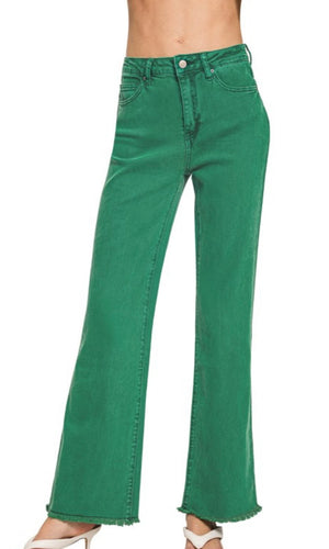 Acarie Dark Green Wide Leg Stretch Cotton Frayed Hem Pants
