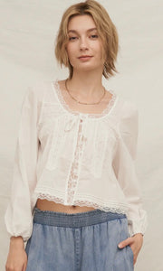 Kylie Lace Trim Long Sleeve Front Tie Top
