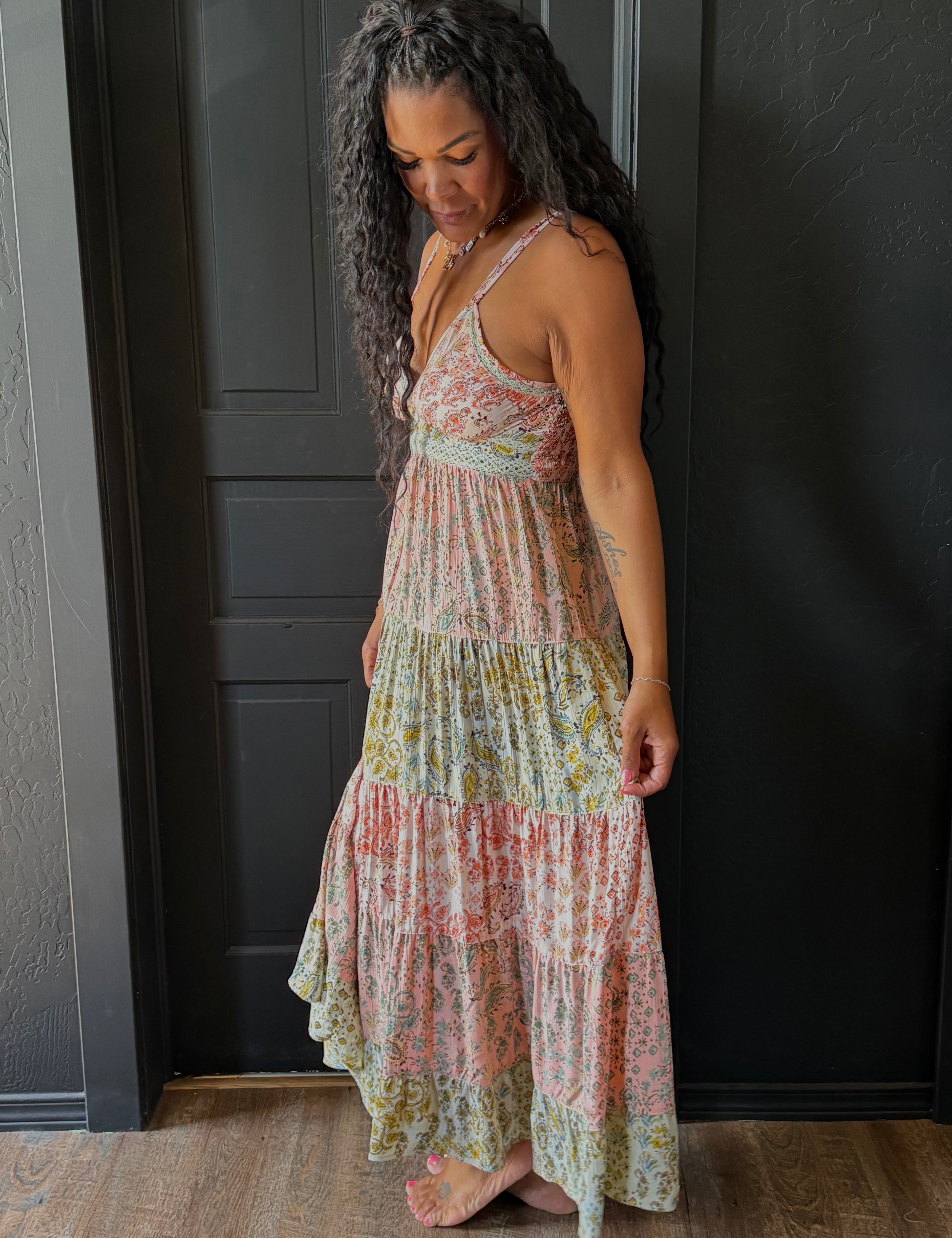 Milan V Neck Mix Print Lace Trim A Line Midi Dress