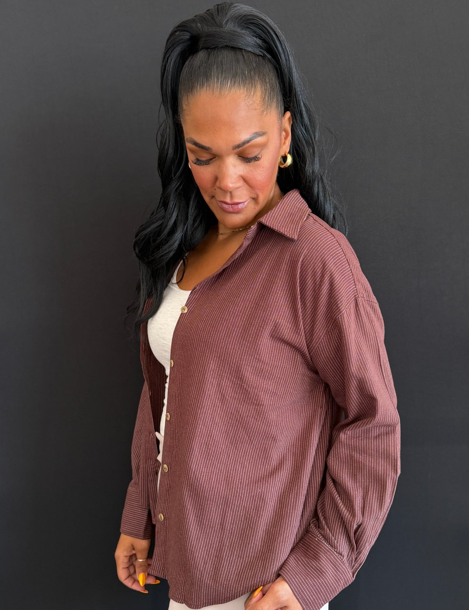 Winnie Brown Pin Stripe Button Down Boyfriend Shirt