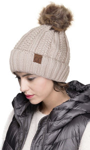 CC Beanie Thick Ribbed Knit Faux-Fur Pom Pom Lined Beanie