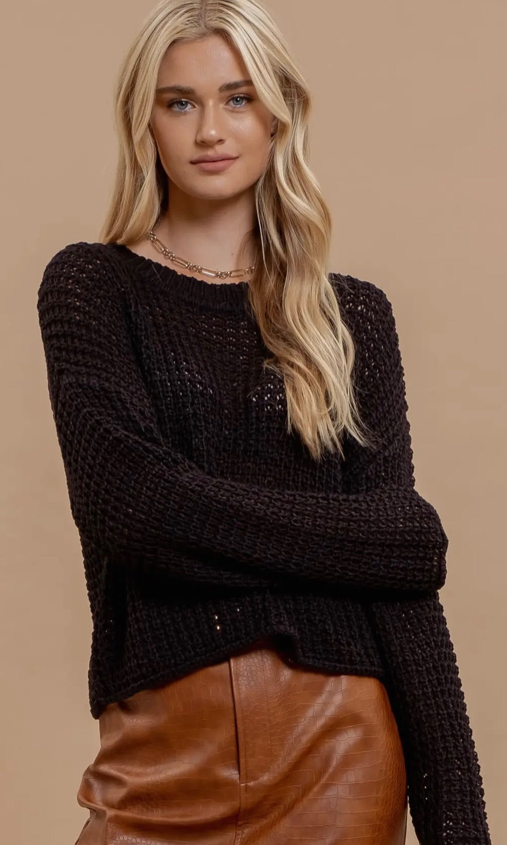 Hazlett Black Sheer Crew Neck Crochet Knit Sweater